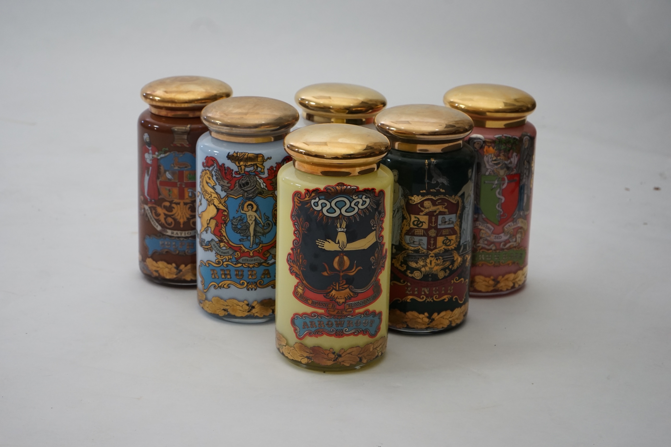 A set of six enamelled and gilt Specie jars, made for the National Pharmaceutical Association by Carlyle Fine Collections and designed by S. Wheaton, c.1990